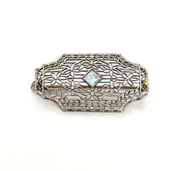 Antique 14K Solid White Gold Aquamarine Intricate Floral Detail Bar Brooch Pin - Picture 2 of 10